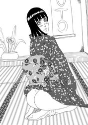 1girls asian_clothing ass bare_ass blush bob_cut boruto:_naruto_next_generations bubble_ass bubble_butt clothed clothing dress dress_lift female female_only footwear fully_clothed hyuuga_hinata indoors kneeling looking_at_viewer looking_back mature mature_female medium_hair milf monochrome naruto naruto_(series) naruto_shippuden no_panties on_knees pose posing socks solo solo_female solo_focus suzuki_shun yukata yukata_lift