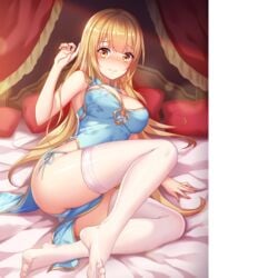 bed big_breasts blonde_hair blue_dress dress girlgame hentai_girl_hime long_hair looking_at_viewer stockings yellow_eyes