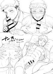 2boys abs after_anal after_sex ass bara bare_pectorals bed between_pectorals blush ccccc_(jpn_m0) clothes_lift collared_shirt cum cum_in_ass cum_on_boy erection facial_mark greyscale hands_on_own_ass hat itadori_yuuji jujutsu_kaisen kissing_penis large_pectorals lying male_focus male_pubic_hair male_underwear male_underwear_pull mask mask_lift monochrome mouth_mask multiple_boys muscular muscular_male navel nipples nurse_cap on_back on_bed pecjob pectorals penis pillow pubic_hair shirt shirt_lift short_hair solo_focus thick_thighs thighhighs thighs tongue tongue_out translation_request twitter_username undercut underwear yaoi