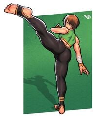 1girls atlus barefoot big_ass black_legwear bottomwear brown_eyes brown_hair clothing feet female green_topwear human kick kicking leg_up muscular muscular_female muscular_thighs persona persona_4 pose posing satonaka_chie short_hair solo spats sportswear stirrup_legwear thick_thighs vj99