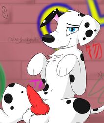 101_dalmatian_street 101_dalmatians animal_genitalia animal_penis balls bedroom_eyes black_body black_fur black_markings canid canine canine_penis canis dalmatian disney domestic_dog dylan_(101_dalmatians) feral floppy_ears fur genitals hi_res knot looking_at_viewer male male_only mammal markings multicolored_body multicolored_fur narrowed_eyes penis seductive smile smiling_at_viewer solo spots vixeyhuskybutt_(artist) white_body white_fur