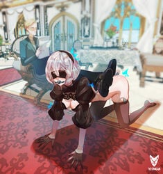 1girls ball_gag blindfold carpet chair door doors drooling exposed_ass female female_focus female_penetrated female_protagonist femsub flower flowers foot_on_back forced_orgasm forniphilia gloves hairband human_furniture lace legs_on_back nier:_automata objectification pants paper saliva shaking shiny shiny_clothes shiny_gloves shiny_hair shock shoes socks stepping_on_female submissive table thighhighs vibrator vibrator_in_ass vibrator_in_pussy white_hair window yeougui yorha_2b