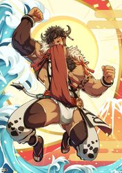 1boy abs animal_ears animal_print arm_tattoo arm_up armpits bara bare_pecs biceps blush body_hair brown_hair bulge chest_hair chinese_zodiac cow_boy cow_ears cow_horns cow_print cow_tail crotchless crotchless_pants cum cum_in_clothes cum_through_clothes detached_sleeves facial_hair full_body fundoshi goatee happy_new_year highres horns japanese_clothes jumping male male_focus male_only muscular muscular_male new_year nipple_piercing nipples original ox_(chinese_zodiac) pectorals pelvic_curtain pelvic_curtain_lift piercing precum short_hair smile solo stomach tail tattoo thick_thighs thighs translation_request underwear white_underwear year_of_the_ox zifu zifuuuun