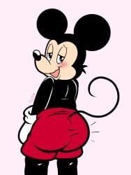 1boy 2021 anthro ass ass ass_focus black_body black_nose blush bottomwear butt_focus clothed clothing disney floofyboyetime gloves handwear looking_at_viewer looking_back male male_only mammal mickey_mouse mouse murid murine open_mouth open_smile pink_background red_bottomwear red_clothing red_shorts rodent shorts simple_background smile solo standing topless white_clothing white_gloves white_handwear