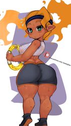 1girls 2020 ass big_ass booty_shorts bottom_heavy breasts clothing dark-skinned_female dark_skin female footwear green_eyes human large_ass looking_at_viewer looking_back neo_hajime nintendo nipples nipples_visible_through_clothing orange_hair pilates_ring pointy_ears ponytail ring_fit_adventure ring_fit_trainee_(female) shoes shorts shortstack solo spandex_shorts sports_bra sportswear standing sweat sweatband thick_ass thick_thighs thighs