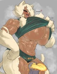 abs alaska_(gats) biceps big_breasts cat_ears catgirl cleavage curvy dark-skinned_female dark_skin fur huge_breasts krekk0v muscular muscular_female sweat sweat_stain sweaty thick_thighs underboob workout_clothes