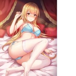 amber_eyes bed big_breasts blonde_hair blue_bra blue_panties blush bra female game hentai_girl_hime long_hair looking_at_viewer panties stockings yellow_eyes