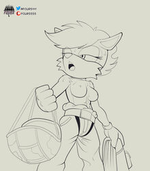 anthro armor bodily_fluids bottomwear breasts breath clothed clothing erma_ermine female fours_(artist) headgear helmet hi_res low-angle_view mammal military_gear mustela mustelid musteline panting pants solo sonic_(series) sonic_the_hedgehog_(series) stoat sweat topless worm's-eye_view