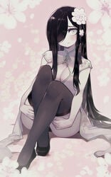 1girls aria_(parororo) aria_wintermint black_hair blush china_dress chinese_clothes cleavage cleavage_cutout crossed_legs female flats flower flower_in_hair goth green_eyes hair_flower hair_over_one_eye long_hair original pale-skinned_female pale_skin parororo shoes sitting solo solo_female source_request stockings tagme thighhighs