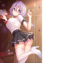 black_skirt bra girlgame hentai_girl_hime looking_at_viewer panties pleated_skirt purple_eyes purple_hair school_uniform skirt stockings transparent_clothing upskirt white_bra