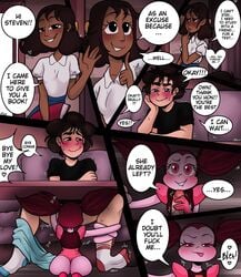 1boy 2girls 6koma alien alien/human alien_girl ass black_eyes blush brown_hair cartoon_network cheating cheating_boyfriend collared_shirt comic connie_maheswaran cuckquean dark-skinned_female dark_skin english english_text eyelashes female gem_(species) handjob heart human implied_fellatio implied_oral indian interspecies lip_biting long_hair male male/female multiple_girls penis pink_eyes pink_skin rubber_hose rubberhose scamanderbianca shirt short_hair sitting smile socks speech_bubble spinel_(steven_universe) stealth_fellatio stealth_oral stealth_sex steven_quartz_universe steven_universe steven_universe_future sweat text twintails under_the_table waving