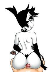 1boy 1girls ass back backside black_hair black_panties buttjob cartoon_network chained chains collar cum dimples_of_venus female gem_(species) gemsona looking_at_viewer looking_back original_character panties penis reverse_cowgirl_position scamanderbianca short_hair steven_universe thong white_skin white_spinel