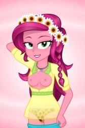 1girls accurate_art_style animated breasts equestria_girls exposed_breasts female flower_crown flower_in_hair freckles gif gloriosa_daisy_(eg) green_eyes hasbro legend_of_everfree lips looking_at_viewer my_little_pony necklace nipples open_clothes open_mouth open_shirt panties pink_hair pink_skin pose posing randomtriples see-through small_breasts smile solo solo_female teeth underwear