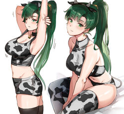 1girls animal_ears animal_print arm_behind_head arm_up armpits asymmetrical_bangs bangs bell bell_collar blush breasts cleavage collar cow_ears cow_girl cow_horns cow_print earrings fake_animal_ears female female_only fire_emblem fire_emblem:_the_blazing_blade green_eyes green_hair hairband halterneck high_ponytail highres horns jewelry large_breasts long_hair looking_at_viewer lyn_(fire_emblem) lyndis_(fire_emblem) midriff multiple_views nintendo one_eye_closed ormille panties ponytail shorts simple_background sitting solo_female stretch tank_top thighhighs underwear white_background year_of_the_ox