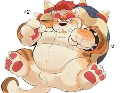 2021 anthro anthro_only balls belly blush bowser cute_fangs felid feline genitals hyaku_(artist) kemono koopa male male_only mammal mario_(series) meowser nintendo overweight overweight_anthro overweight_male scalie simple_background solo super_mario_3d_world tongue tongue_out video_games white_background