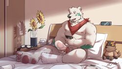 16:9 2019 anthro bed bedroom black_nose dcdx detailed_background erection flappydog_(character) fur furniture furry genitals hi_res inside male mammal masturbation nipples penis phone pillow plushie polar_bear sitting solo ursid ursine white_body white_fur widescreen