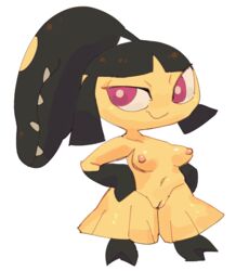 biped black_body black_hair breasts digital_media_(artwork) female front_view full-length_portrait genitals hair hair_mouth half-closed_eyes hands_on_hips humanoid mawile medium_breasts monstrous_humanoid multicolored_body narrowed_eyes navel nintendo nipples not_furry nude pink_nipples pokemon pokemon_(species) portrait pose pseudo_clothing pussy red_eyes shortstack simple_background smile smug solo star-rod teeth two_tone_body video_games white_background yellow_body