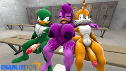 ! 2boys 3d after_sex anthro avian balls beak breasts charliedcr cum feathers female fox green_body green_feathers hawk heart jet_the_hawk male orange_body penis purple_body purple_feathers sitting smile sonic_(series) sonic_riders straight swallow_(bird) tails thick_thighs tuft wave_the_swallow white_body