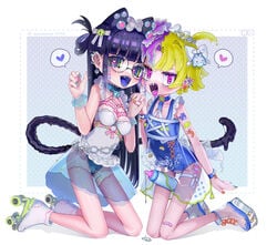 2girls absurdres animal_ears baby_bottle bandaid bandaid_on_leg bell bell_collar belt_collar black_hair blue_background blue_collar blue_eyes blue_nails blue_tongue bottle bow bracelet breasts cat_ears cat_girl cat_tail chest_harness collar collarbone dripping fangs fish_bone frilled_swimsuit frills garter_straps garters glasses green_eyes green_hair green_nails green_ribbons grey_nails hair_bobbles hair_intakes hair_ornament hair_ribbon hairbow harness heart heart-shaped_pupils highres hime_cut jewelry long_hair maid multicolored multicolored_eyes multicolored_hair multiple_girls neko_neko_ne_katta open_mouth orange_nails original pink_eyes pink_legwear pink_nails pointy_ears polka_dot polka_dot_background purple_hair purple_nails pussy ribbon roller_skates round_eyewear school_swimsuit see-through see-through_skirt sex_toy sharp_teeth simple_background skates skirt speech_bubble sticker swimsuit symbol-shaped_pupils tail teeth tongue tongue_out vibrator vibrator_under_clothes white_background white_bow white_footwear white_ribbon zipper