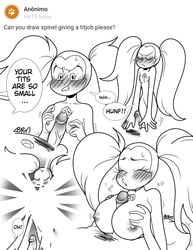 1boy1girl 1girls big_breasts blush blushing body_manipulation breast_expansion breast_growth breasts cartoon_network dialogue female gem_(species) large_breasts long_twintails monochrome naked nipples nude paizuri penis scamanderbianca shapeshifter shapeshifting small_breasts spinel_(steven_universe) steven_quartz_universe steven_universe sweatdrop text twintails