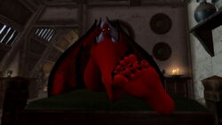 black_nails black_sclera breasts demon demon_girl erzebet erzebet feet foot_fetish foot_focus horns huge_breasts red_skin skyrim the_elder_scrolls toe_claws white_hair wings yellow_eyes