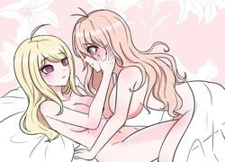 2girls ahoge akamatsu_kaede bed big_breasts blonde_hair blue_eyes blush breasts color completely_nude convenient_censoring danganronpa danganronpa_v3 female female/female female_on_top female_only hands_on_face holding_face iruma_miu large_breasts light_skin looking_at_another monja_(jyamong_0907) multiple_girls nude nude_female on_back on_bed on_top pink_background purple_eyes sheets smooth_skin strawberry_blonde_hair wholesome yuri