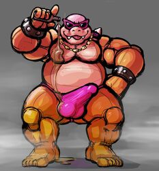 alcohol anothermeekone anthro balls beer beer_bottle beverage biceps big_balls big_penis bulge clothing collar eyewear genitals koopa koopaling male male_only mario_(series) musclegut muscular muscular_anthro muscular_male nintendo pecs penis roy_koopa scalie simple_background smile solo steam sunglasses thick_thighs underwear video_games