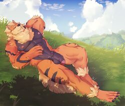 abs anthro arcanine balls canid canine casual_nudity flaccid fur gavel_(artist) genitals humanoid_genitalia humanoid_penis lying male male_only mammal muscular muscular_anthro muscular_male nintendo nipples nude outside penis pokemon pokemon_(species) solo tuft video_games