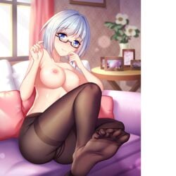 areolae big_breasts blue_eyes exposed_breasts feet girlgame glasses hentai_girl_hime looking_at_viewer pantyhose solo_female white_hair