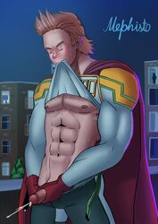 1boy abs bara cape city_background clothes_in_mouth cowboy_shot cum cumshot dirty_blonde_hair erect_nipples erection exposed_nipples eyes_closed gay gloves holding_penis lemillion male male_only masturbation mephisto mephisto(artist) mirio_togata muscular muscular_male my_hero_academia orgasm_from_masturbation pants_down pecs penis retracted_foreskin stroking_cock sweatdrops yaoi