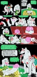 amaterasu asriel_dreemurr bestiality bodily_fluids capcom comic crossover cum deity english_text genital_fluids genitals highres hyper issun licking neck_bulge okami oral penis questionable_consent roco semi-anthro size_difference testicles text tongue tongue_out undertale zoophilia