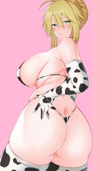 1girls animal_print artoria_pendragon artoria_pendragon_(lancer) ass back bare_shoulders big_ass big_breasts bikini blonde_hair braid breasts chubby cow_print fate/grand_order fate_(series) female female_only from_behind gloves green_eyes hair_between_eyes highres huge_breasts large_breasts looking_at_viewer looking_back pink_background short_hair sidelocks simple_background solo string_bikini swimsuit thick_thighs thighhighs thong thong_bikini uzura_kazuhisa voluptuous white_bikini white_gloves white_legwear