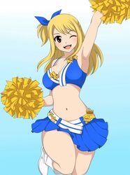 1girls armpits blonde_hair blue_skirt blush breasts brown_eyes cheerleader cheerleader_uniform curvy fairy_tail female female_only hourglass_figure jumping lucy_heartfilia medium_breasts miniskirt narrow_shoulders navel pom_poms revealing_clothes short_skirt smile solo solo_female sophie4391 source_request thick_thighs thin_arms thin_waist wide_hips wink