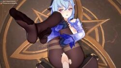 1boy 1girls 3d aether_(genshin_impact) animated blue_hair crossed_legs feet female_focus ganyu_(genshin_impact) genshin_impact heart-shaped_pupils horns legs_up no_sound pantyhose pink_eyes pov shirakami soles vaginal_penetration video