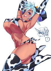 1girls armpit arms_up bikini blue_hair chibi cow_print dark-skinned_female dark_skin earrings eyepatch long_boots negresco nintendo nipples nipples_visible_through_clothing praxis_(xenoblade) sleeves smile solo solo_female theory_(xenoblade) thigh_boots thighhighs white_background xenoblade_(series) xenoblade_chronicles_2 year_of_the_ox