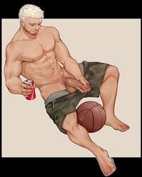 1boy 1male abs balls balls_out bara basketball beard beating_off big_balls big_penis body_hair boner camouflage camouflage_shorts can coca-cola erect_penis erection facial_hair full_body functionally_nude hairless_balls happy_trail hard_on highres holding holding_can imminent_orgasm jacking_off jerking jerkingoff looking_pleasured male_focus male_masturbation male_nipples male_only male_pubic_hair masturbating masturbation muscular muscular_male navel navel_hair nipples one_handed_masturbation original pecs pectorals penile_masturbation penis penis_out peterhl pubic_hair shirtless short_hair shorts shorts_down sitting solo solo_male spread_legs stiffy stroking stroking_cock stroking_penis stubble toned toned_male uncensored veiny_penis white_hair