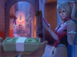 3d blonde_hair blue_eyes cash dorado_(map) eyeshadow female_pubic_hair male_pov mercy money no_pants offering_money overwatch overwatch_2 pink_mercy pov prostitution pubic_hair rwt4184 straight tagme twintails