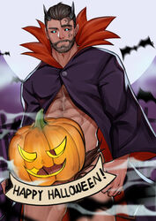 1boy absurdres aqua_eyes bara bat beard black_hair black_sclera body_hair chest_hair colored_sclera cowboy_shot demon_boy demon_horns erection facial_hair full_moon halloween halloween_costume happy_halloween highres horns jack-o'-lantern lion_tail looking_at_viewer male male_focus male_only male_pubic_hair monster_boy moon muscular muscular_male open_clothes open_robe original pectorals penis peterhl pubic_hair robe short_hair solo stomach tail thick_thighs thighs vampire_costume veins veiny_penis