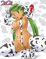 1girls 2021 alternate_breast_size bell_collar big_breasts breasts cameltoe collar cow_bikini cow_ears cow_horns cow_print cow_print_armwear cow_print_bikini cow_print_thighhighs elbow_gloves eye_contact female green_eyes green_hair large_breasts looking_at_viewer mallow_(pokemon) nintendo pokemon pokemon_sm puffy_pussy pussy sling_bikini solo speech_bubble squatting text thick_thighs thighhighs thighs tof trial_captain twintails