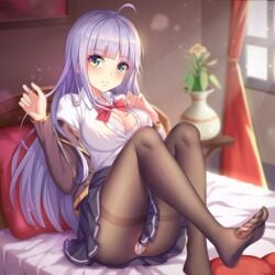 feet girlgame green_eyes hentai_girl_hime long_hair looking_at_viewer pantyhose purple_hair school_uniform skirt unbuttoned white_hair