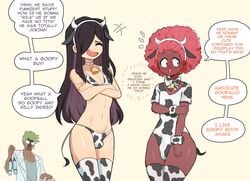 3boys androgynous arjun_dubey blush bulge charley_davis cow_bikini cow_costume cow_ears cow_horns cow_outfit cow_suit cow_tail dark-skinned_femboy dark-skinned_male dark_skin english_text femboy girly male male_only ms_pigtails multiple_boys original roland_bonhomme speech_bubble tagme thick_thighs trap