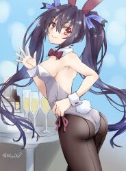 2023 ass big_ass big_breasts black_hair breasts bunny_ears bunny_girl bunny_tail bunnysuit busty compile_heart female glass hair_ribbon hand_on_hip highres idea_factory kow0117 large_breasts legs leotard long_hair looking_at_viewer looking_back neptunia_(series) noire pantyhose pose posing red_eyes sideboob smile thighs twintails waving