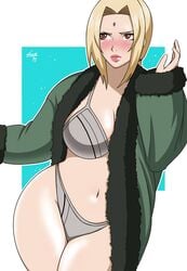 1girls bare_thighs big_breasts blonde_hair blush breasts brown_eyes curvy female female_only grey_panties highleg_panties highres lingerie lipstick naruto naruto_shippuden navel panties presenting_thighs stretchnsin thick_thighs tsunade underwear waist wide_hips