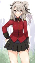 black_ribbon black_skirt blaze_(blazeillust) blush brown_eyes coat female from_side girls_und_panzer girls_und_panzer_saishuushou grass hair_ribbon hand_on_own_hip long_hair long_sleeves looking_at_viewer official_alternate_costume pleated_skirt red_coat ribbon shimada_arisu side_ponytail simple_background skirt st._gloriana's_military_uniform white_background wrist_cuffs