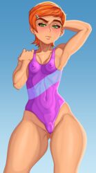 1girls aged_up arm_behind_head armpit armpit_crease ass_visible_through_thighs ben_10 blue_background blush breasts butt_fang cameltoe cartoon_network female_only fit fit_female freckles freckles_on_chest green_eyes gwen_tennyson looking_at_viewer milky_way_(artist) nipples_visible_through_clothing one-piece_swimsuit orange_hair red_hair simple_background small_breasts swimsuit thick_eyebrows thick_thighs tight_clothing voluptuous young