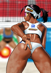 1girls arung_samudra_(cessa) ass bending_over big_ass black_hair brunette cessa dark-skinned_female dark_skin female female_only hand_gesture sand_on_ass sand_on_skin solo sunglasses teenager thick_thighs tinted_eyewear visor wide_hips