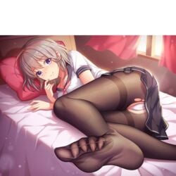 bed big_breasts feet girlgame hentai_girl_hime looking_at_viewer pantyhose purple_eyes school_uniform short_hair white_hair