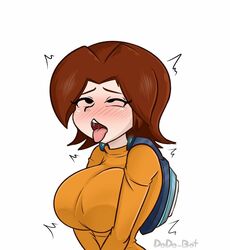 1girls ahe_gao blush breast_squish brown_hair clothed dodo-bot female female_only large_breasts mii mii_gunner mii_gunner_(smash_4) mob_face nintendo open_mouth saliva sexually_suggestive solo super_smash_bros. super_smash_bros._for_nintendo_3ds_and_wii_u sweater tongue_out