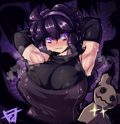 1girls ahoge alternate_breast_size armpits arms_up headband hex_maniac huge_breasts nintendo nipples_visible_through_clothing pokemon pokemon_xy purple_hair sweat th3k1d