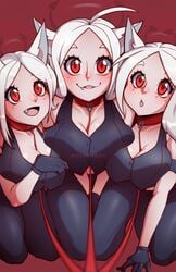 3girls :3 animal_ears blush cerberus_(helltaker) cleavage clothed collar cute cute_fang dog_ears helltaker kneeling large_breasts leash leash_between_breasts red_eyes redrabbu white_hair wide_eyed